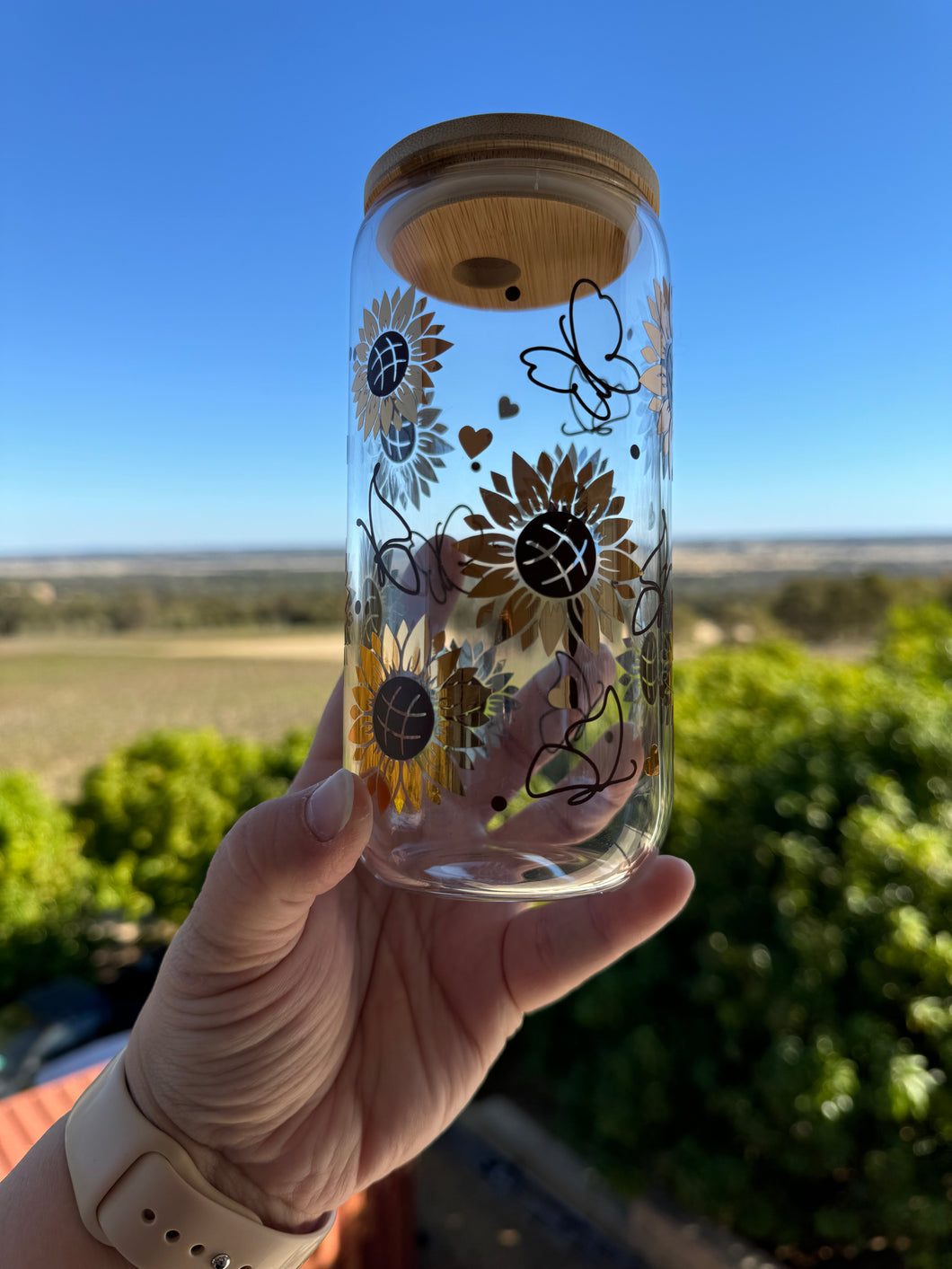 Butterflies & Sunflowers - 16oz Glasses with Bamboo Lid & Glass Straw