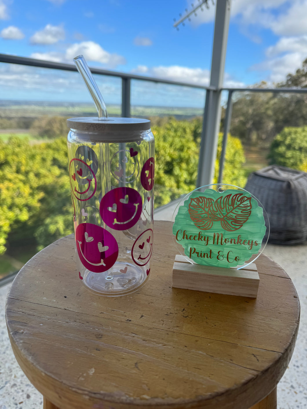 Smiley Faces & Mini Hearts - 16oz Glasses with Bamboo Lid & Glass Straw