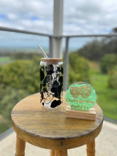 Load image into Gallery viewer, Cow with Hearts - 16oz Glasses with Bamboo Lid &amp; Glass Straw
