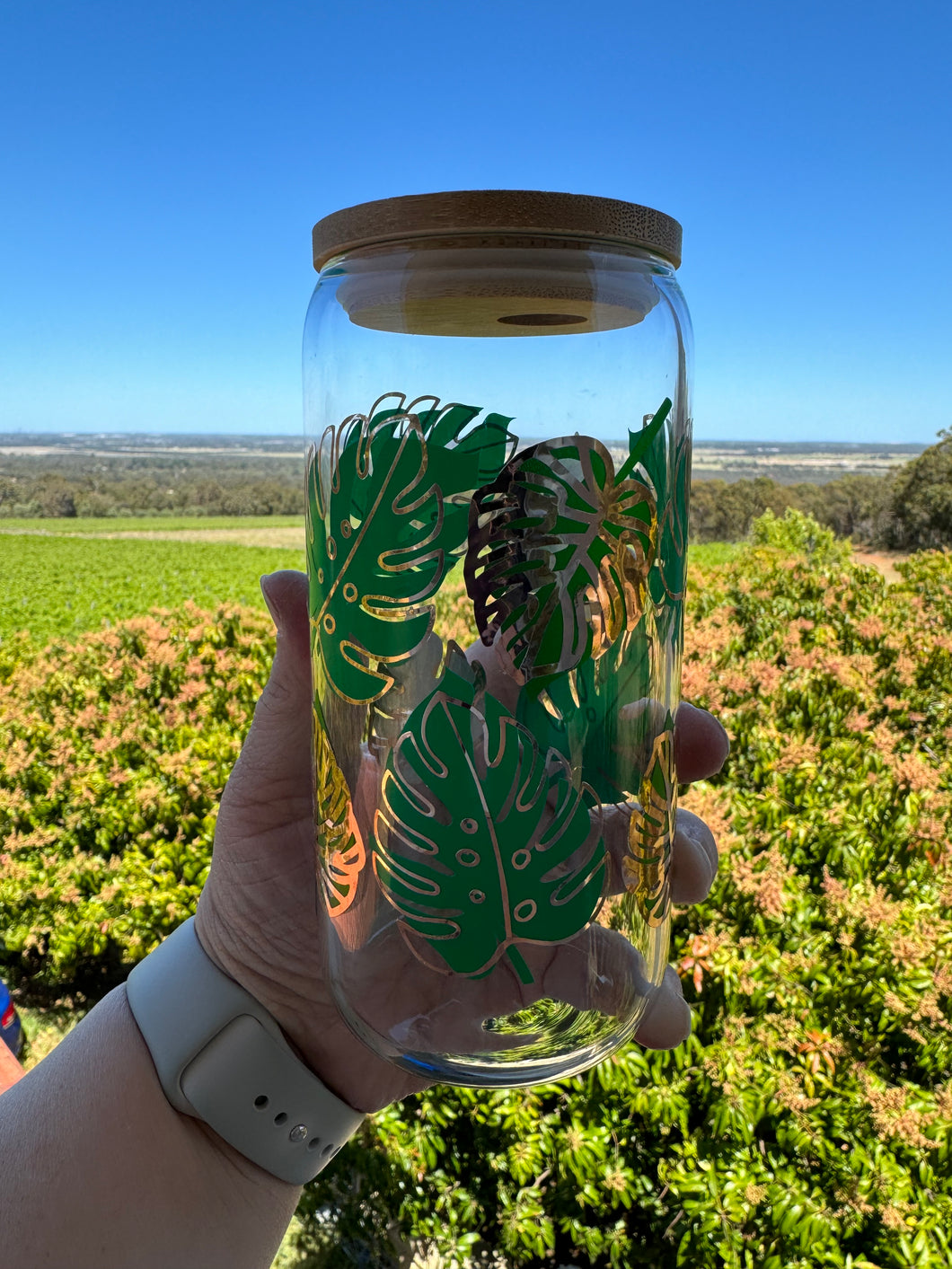 Monstera Leaf - 16oz Glasses with Bamboo Lid & Glass Straw