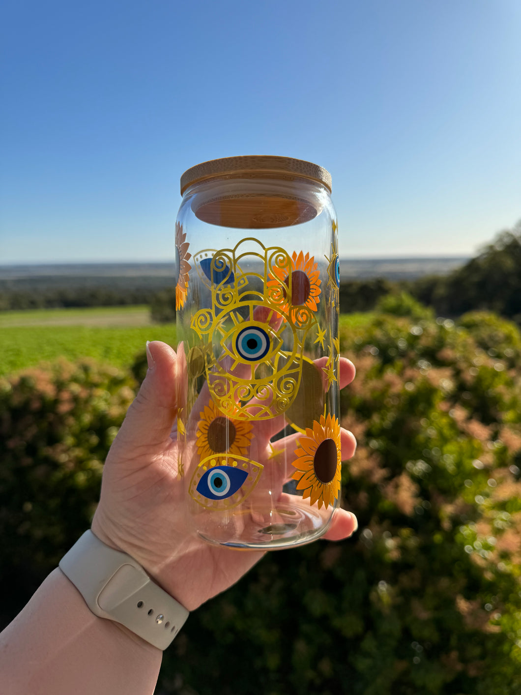 Evil Eyes & Sunflowers - 16oz Glasses with Bamboo Lid & Glass Straw