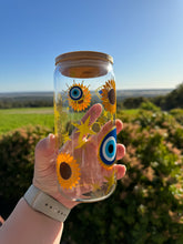 Load image into Gallery viewer, Evil Eyes &amp; Sunflowers - 16oz Glasses with Bamboo Lid &amp; Glass Straw
